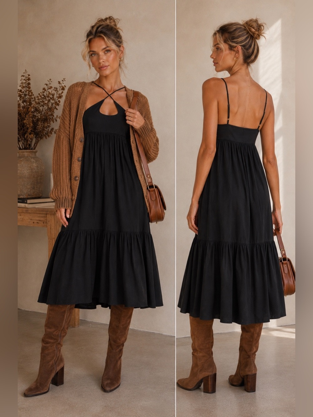 NEW! Matthew Bruch Cross Strap Cutout Midi Dress Black Poplin Size 3 (M)